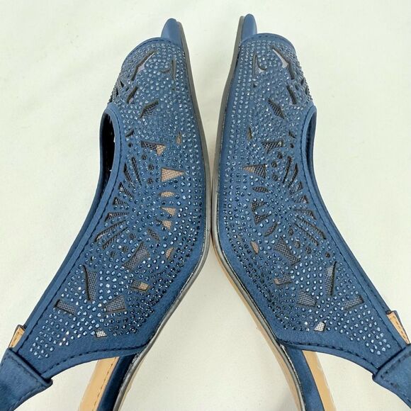 J. Renee ARATA Navy Blue Sparkle Laser Cutout Lace Mesh Open Toe Slingback Heels - Picture 11 of 16